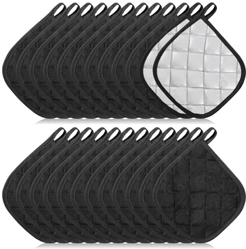 Oqqlin 24 Pcs Cotton Pot Holders Bulk, 7 x 7 Inch Heat Resistant Potholders with Hanging Loops Black Silver Plated Square Hot Pads for Pan, Oven, Casserole, Micro Wave Oven