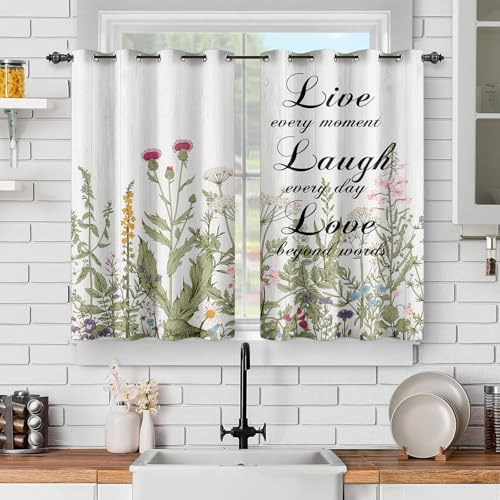 VELOMEA Frühling Blumen Küche Vorhänge Landhausstil Floral Wildblumen Motiv Vintage Stil Ösen Blickdicht Fensterdeko Gardinen für Wohnzimmer Esszimmer 2er Set 107x114 cm