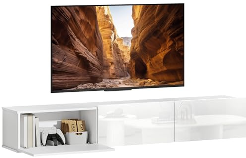 HOMCOM Mobile TV Sospeso, Mobile Porta TV Fino a 82 con Armadietti 3 Ante a Ribalta Soft Close, Mobiletto per Televisore per Soggiorno, Camera da Letto e Salotto, 180x31.5x29.8 cm, Bianco