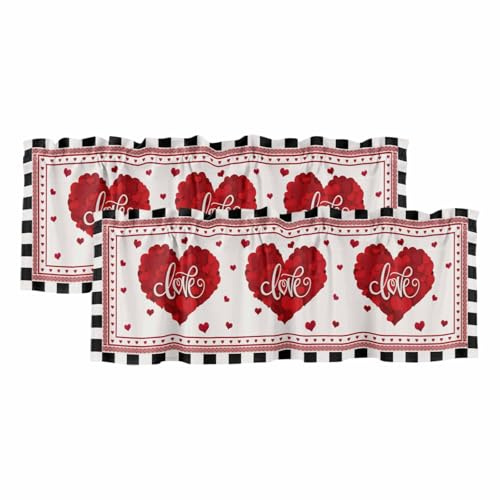 Ficuaiuo 2 Pack Love Heart Valances for Windows, Valentine's Day Romantic Black Plaid Boundary Light Filtering Window Treatment Rod Pocket Short Curtain for Kitchen/Living Room/Bedroom, 60x18 Inch