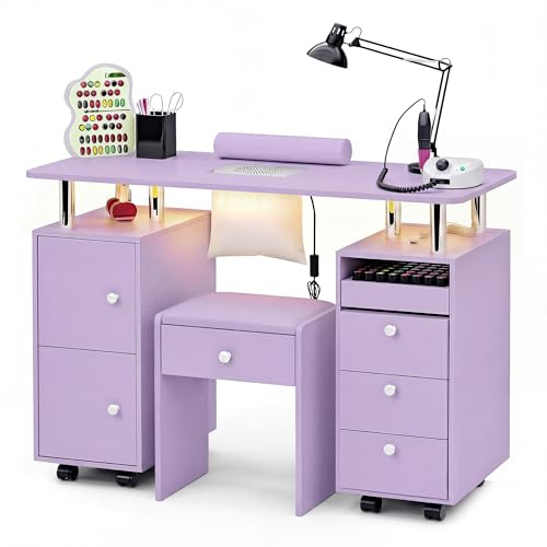 Nail Desk & Storage Stool Set for Nail Tech, Manicure Table w/Electric Dust Collector, LED Lights, Rolling Wheels, Hidden Storage Seat, Acetone Resistant, Professional Salon Workstation (Purple)