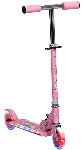 HOMCOM Trottinette pour Enfants de 3 à 7 Ans Pliable Roues Lumineuses en PU, 12 LED, Musique, Hauteur Guidon réglable sur 4 Niveaux, Frein à Friction, Rose