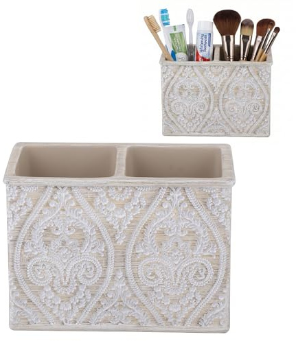 Make-up Pinselhalter und Zahnbürstenhalter Doppelt, Creme, 14x10 cm | Serie DAMASK, florales Relief, Stiftehalter für Schreibtisch oder Bad, 14x7.5x10 cm, Keramik