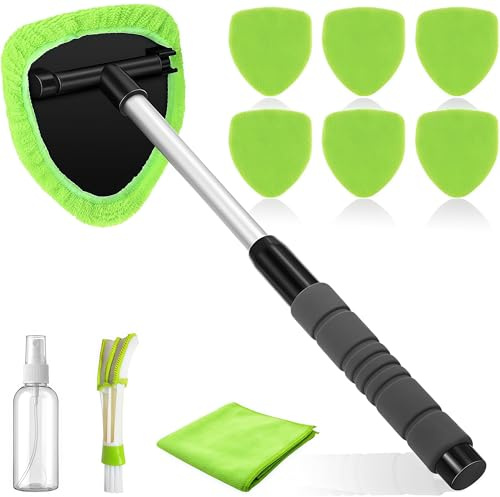 Kit Limpieza Coche Extensible, Herramienta de Limpieza de Parabrisas de Coche, 9 Piezas Cepillo Limpiador Parabrisas Ventanas de Coch, Apto para Limpiar Cristales, rotación de 180 Grados (Verde)