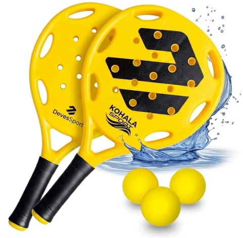 DEVESSPORT Set de 2 Palas de Playa 3 Pelotas y Bolsa de Transporte Alta Resistencia (Amarillo)
