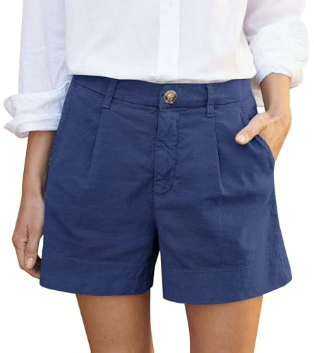 Generico Pantaloncini Curvy Donna, Pantaloncini Lino Donna Estivi Vita Alta Comodi con Tasche Shorts Larghi Bermuda Casual Pantaloni Corti Leggero per Lavoro Shopping Viaggi Spiaggia