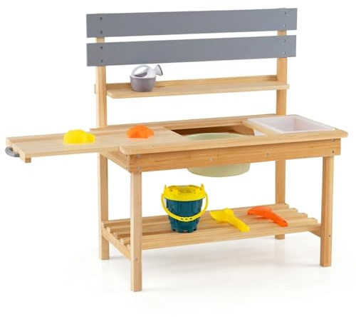 COSTWAY Mud Kitchen, Outdoor Kids Play Kitchen with Extended Tabletop, Sink, Faucet, Accessories & Storage Shelves, Wooden Chef Pretend Kitchen Playset for Boys Girls Ages 3+