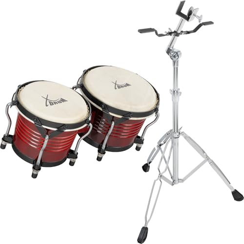 XDrum Bongo Pro vintage vinröd SET med stativ (15,5 cm maskin och 18,5 cm hätta trä slagverk träbongo naturpäls trumla inkl. stativ krom)