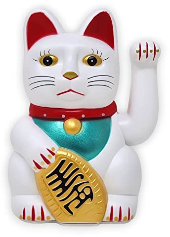 Starlet24® Winkende Glückskatze Winkekatze Lucky Cat Maneki-Neko Winkende Japanische Maneki-Neko batteriebetrieben (Weiss, 18cm)