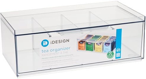 iDesign Porta 4 Scomparti, Organizer Cucina impilabile per bustine di The, Contenitore plastica con Coperchio con pareti Regolabili, Trasparente