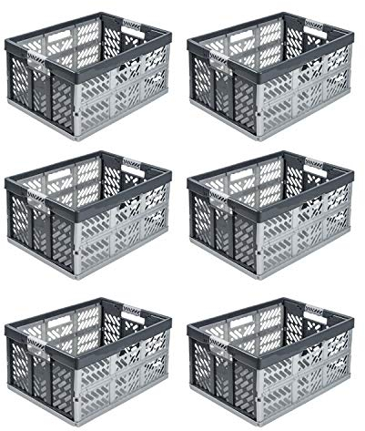PAFEN Stabil professionell hopfällbar låda Eco 45 L – 54 x 37 x 28 cm – inköpslåda vikbar med mjuka handtag, LJUSGRÅ, 6X