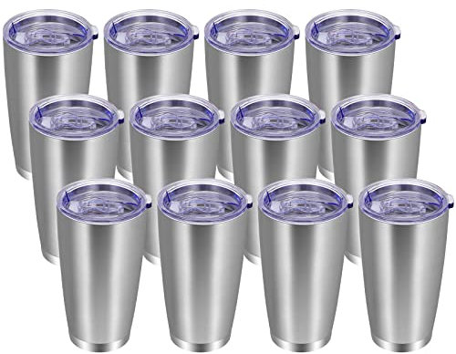 VEGOND 20 oz tumlare med lock och sugrör rostfritt stål tumbler kopp bulk vakuumisolerad dubbelvägg resa kaffemugg pulverlackerad kaffekopp (rostfritt 12-pack