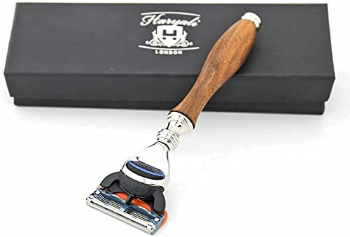 Haryali London Langes & ergonomisches Design Holzgriff Rasiermesser für Herren – 5 Klingen Rasierer – Holzrasierer Herren