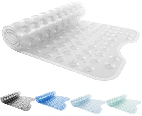 ANSIO Bath Mat Non Slip Anti Mould 100 x 40 cm – Long PVC Shower Mat with Suction Cups & Drain Holes, Machine Washable Bathtub Mat, Clear
