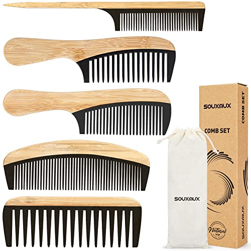 Ensemble de Peignes à Cheveux pour Hommes Femmes Peigne à Dents Larges Brosse à Cheveux en Bambou Naturel Résistant à la Chaleur Peigne à Dents Fines Fait à la Main Brosse à Cheveux Antistatique