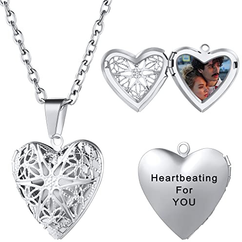 MeMeDIY Pendentif Cœur Argent, Collier Personnalisé Photo pour Femme Personnalisable Collier Médaillon en Forme de Cœur Qui Contient des Images, Acier Inoxydable, Type Creux Chaîne de 50 cm