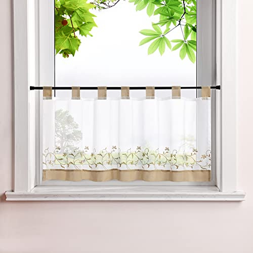 HeichkelL Voile Scheibengardine Ranken Stickerei Kurzstores mit farblichen Schlaufen Küchengardine Fenstervorhang Bestickt Braun HöhexBreite 60x120 cm
