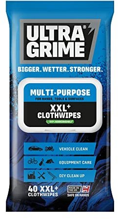 UltraGrime Multi-Purpose Original XXL+ Clothwipes - Big Size Biodegradable Multiuse Dirt & Grime Wipes For Cars, Tools, Equipment - Plastic Free Heavy-Duty Soft Cleaning Cloths (40 Thick Large Wipes)