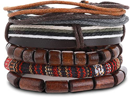 Yolev 5 Stück Lederarmband Herren Wickelarmbänder für Männer Frauen Hanfseil Holzperlen Ethnisches Tribal Armband Goth Bracelet Men Geflochten Breites Armbänder Set Herrenarmbänder