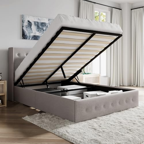 SHA CERLIN Full Size Lift Up Storage Bed Frame,Button Tufted Wingback Headboard,Upholstered Platform,Hydraulic Storage,Wooden Slat Support,No Box Spring,Light Beige