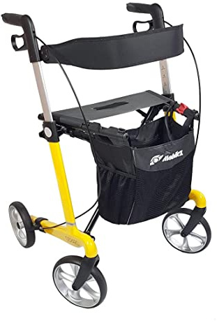 FabaCare Rollator Gepard mit Softrädern, Premium Leichtgewichtrollator aus Carbon, faltbar, mit Vollausstattung, Tasche, Stockhalter, Sitz, Carbonrollator bis 150 kg, Sitzhöhe 62 cm, Gelb