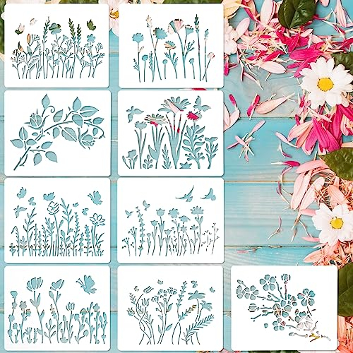 Amaxiu Blumen Schablonen zum Malen 9 Stück, 12x15cm Wiederverwendbare Wildblumen Frühlingsschablonen Zeichenvorlagen DIY Bastelvorlage