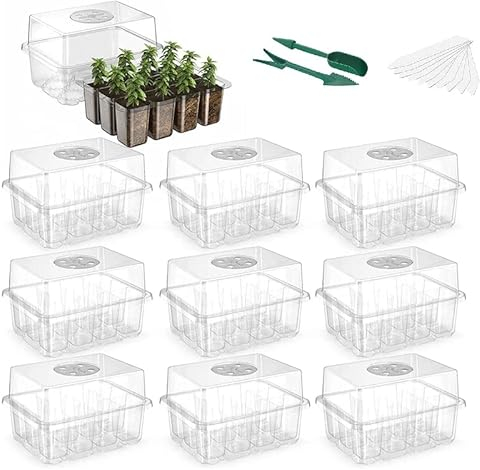 WY8 10 Pack Seed Trays Starter Kit, 120 Cells Reusable Greenhouse Seedling Starter Tray with Dome and Deep Base, Herb Garden Plant Humidity Adjustable Grow Kit Garden