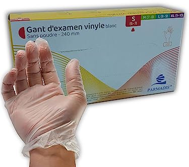Parmadis Guanti da esame in vinile bianco senza polvere Confezione da 100 (taglia S/taglia 6:7)