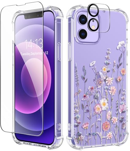 GVIEWIN für iPhone 12 Hülle/iPhone 12 Pro Hülle 6,1 2020 Blume Klar TPU | mit Displayschutz+Kamera Schutzfolie,Dünn,Stoßfest,Kratzfestes Handyhülle Schutzhülle,Floratopia/Bunt