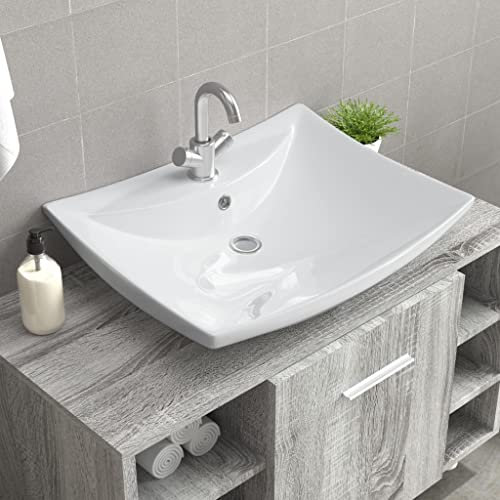 HIGSOSE Lavabo Ceramica Lusso Rettangolare Foro di Trabocco e Foro Rubinetto Lavandino Bagno Lavatoio Ceramica Lavello Sospeso Lavabo Bagno Sospeso Lavandino Autoportante Lavabo Freestanding