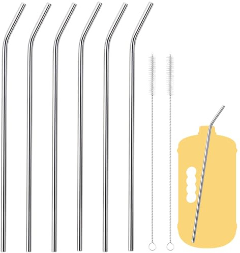 6 Stück ultra-lange gebogene Metall-Trinkhalme, 35,6 cm, extra lang, 304 Edelstahl, wiederverwendbare Trinkhalme mit Reinigungsbürste für 2,8 l Becher, 354 ml hohe Weinflasche, 1,8 l Wasserflasche,