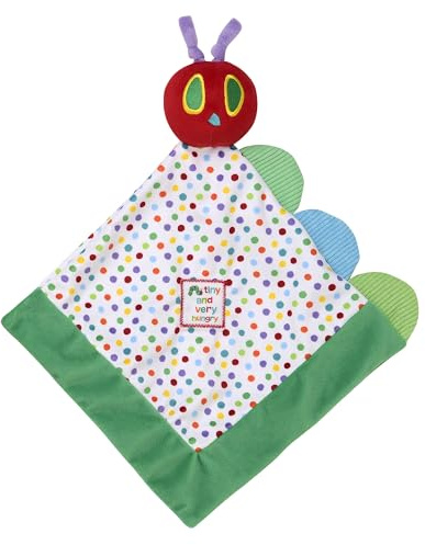 The Very Hungry Caterpillar Snuggle Blanket with Rattle and Crinkle, Green with Colorful Dot, 10 inch Square