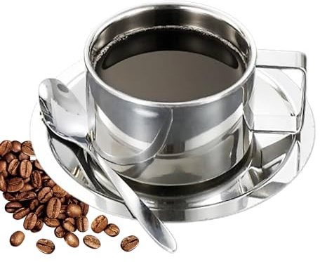 Jauhmui Cappuccino Tassen Edelstahl Kaffeetassen Set 200 ml (Silber) | mit Löffel und Untertasse