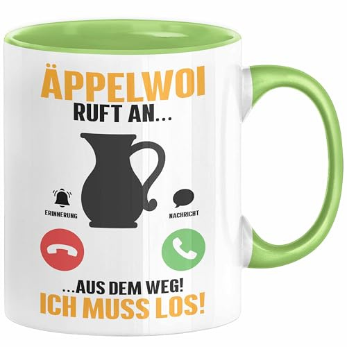 Äppelwoi Ruft An Tasse Ich Muss los Apfelwein Bembel Krug Kaffee-Tasse Hessische Apfelweinkrug Bembel Äppler Häferl (Grün)