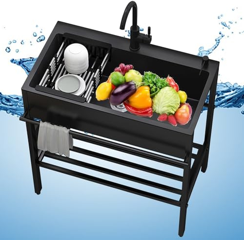 Spülbecken Edelstahl Schwarz, Freistehende Mobiles Waschbecken Mit Wasserhahn, Küche Ausgussbecken Mit Abtropfschale, Außenbereich Waschtisch Mit Armaturen, Für Hinterhof Waschküche Camping (Size : 9