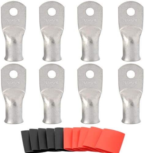 0000 Gauge Tinned Copper Cable Lugs 8 PCS 4/0 AWG-5/16(M8) Ring Terminal Heavy Duty Wire Lugs Battery Lugs, 8 PCS 4/0 Guage terminals Battery Cable Ends Connectors with 8 PCS 3:1 Heat Shrink Tube