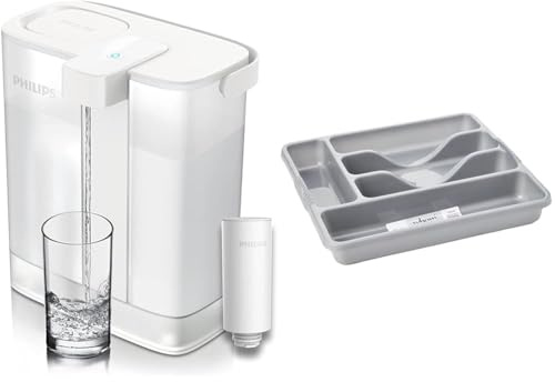 Philips Water Instant Water Filter - 3L Capacity, 1L/min Fast Flow, USB-C Rechargable & Wham Silver 5 Compartment Plastic Cutlery Holder Tray Drawer Organiser Rack