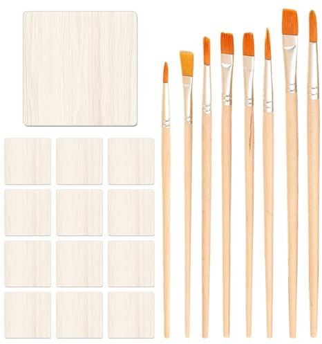 12 Trucioli Di Legno, 8 Pennelli, Sottobicchieri In Legno, Sottobicchieri Quadrati, Sottobicchieri In Legno Per Artigianato, Pezzi Grezzi In Legno Da Realizzare, Sottobicchieri Vuoti