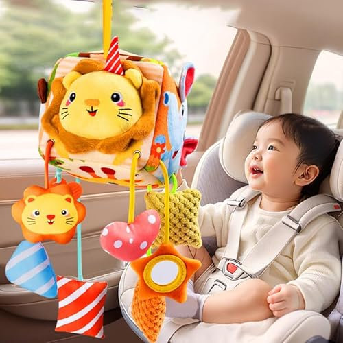 CXAFQ Juguete para el Asiento del Coche para bebés con Espejo y 3 Juguetes Colgantes, Asiento Trasero para bebés, Juguete de Actividad para bebés de 0 a 12 Meses, Juguete para cochecitos ﻿(Amarillo)