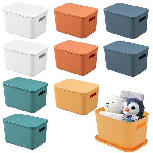 HAOTIAN-X 10PCS Aufbewahrungsbehälter mit Deckel, Schrank-Organizer in 5 Farben, stapelbare Kunststoffkörbe mit Griffen, hochwertige Aufbewahrungswürfel für Bad, Küche, Büro, 25x18x16 cm