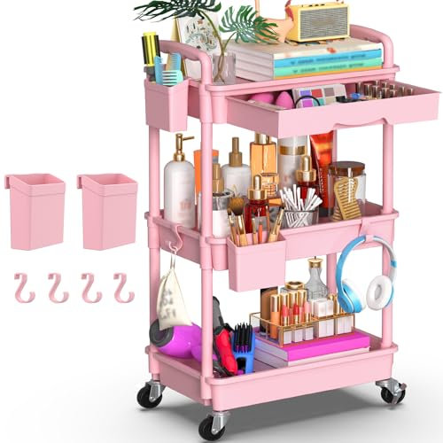 Yeabett Carrito de manualidades de 3 niveles, carrito de almacenamiento con ruedas, carrito utilitario con cajón para cocina, baño, oficina, sala de estar, rosa