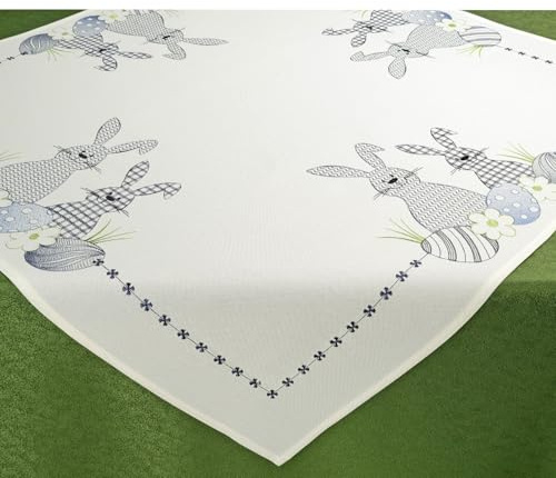Tischdecke mit Osterhasen und Eiern, Motiv, Mitteldecke, Stickerei zu Ostern, Weiß, Modern, 85x85 cm