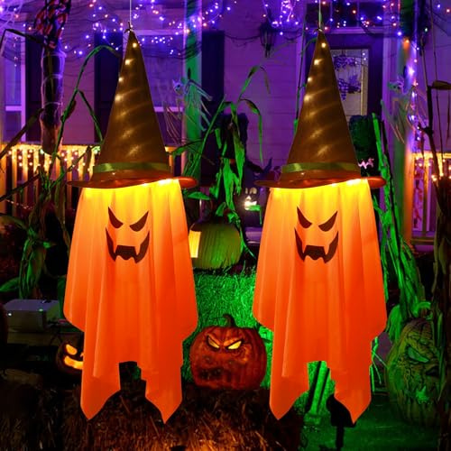 Halloween Hanging Ghost Decorations- 2pcs Glowing Ghost Hat Halloween Hanging LED Decorations With 3 Modes Light Up Ghost Witch Hat Halloween Decor Outdoor Indoor for Yard Tree Garden Porch Party
