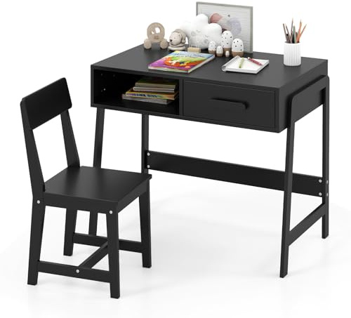 COSTWAY Juego de Mesa y Silla Infantil, Juego de Mesa de Estudio de Madera Maciza para Niños con Cajón y Estante, Escritorio Infantil para Estudiantes para Niños de 3+ Años (Negro)