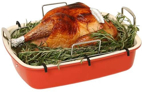 UUKRAVE Turkey Roasting Pan with Rack (U-Shaped), Large 17.3 x 14.6 Inch Nonstick Roaster Pan for 25 lb Turkey or Chicken, Deep Oven Tray, 0.8 mm Heavy Duty Steel, Stainless Steel Handle, Red