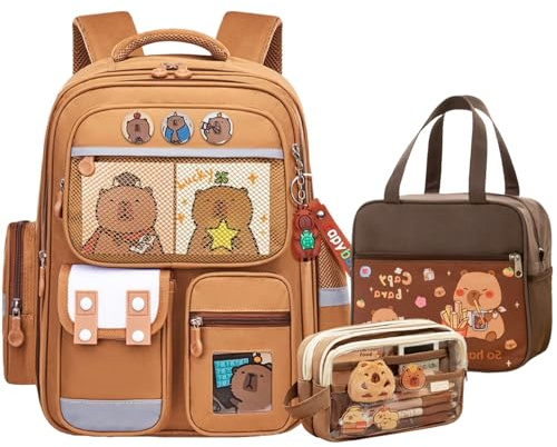 JIABAOZ Mochilas Capibara, Mochila Capibara Niña, Mochila Capibara Escolar Grande Conjunto con Bolsa de Almuerzo,Set de Regalos para el Nuevo Semestre para Escuela (Brown)