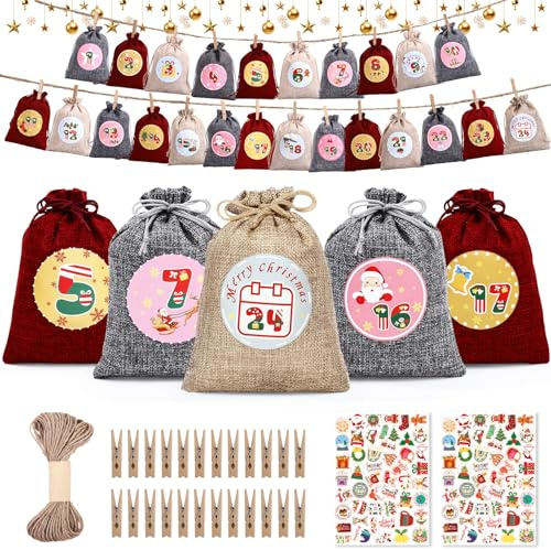 Chuner Adventskalender zum Befüllen, 24 Adventskalender Selber Befüllen Stoff, 2025 Weihnachtskalender Selbst Befüllen, Advents Kalender Kinder Jute Säckchen Groß Stoffbeutel: 18x13cm