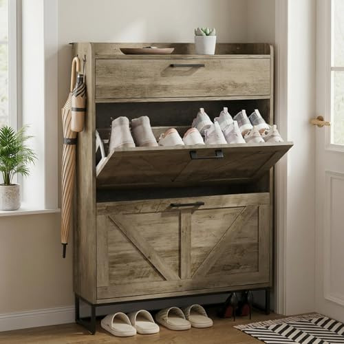 Shoe Storage Cabinet with 3 Flip Drawers, Narrow Wooden Cabinet, Oak Grey | Shoe Cabinet with Adjustable Shelves, for Hallway Enterway and Living Room (80W x 24D x 114H cm)