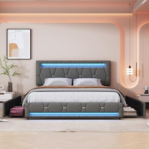 BRYXR 140 x 200 cm Polsterbett, Doppelbett mit RGB-LED-Beleuchtung, 4 Schubladen, Höhenverstellbares Kopfteil, Ideal für Jugendzimmer und Moderne Räume,Ohne Matratze