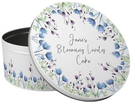Purely Home Personalised Floral Cake Tin - Blue & Purple Flowers Kitchen Gifts Large Round Metal Storage Container for Baking 23 x 10cm